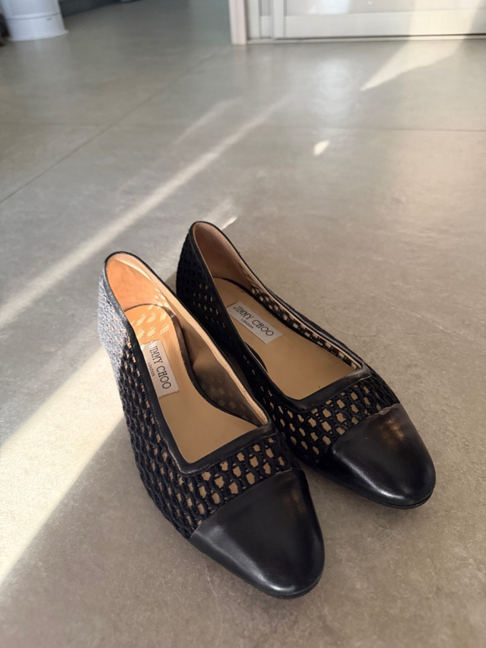 Jimmy Choo Black Mesh and Leather Wedge Heels